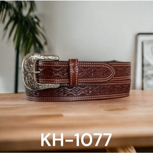 Ranger Belt Co KH-1077 Western Belt Tooled Leather Cognac Removable Buckle 32 - Picture 1 of 6